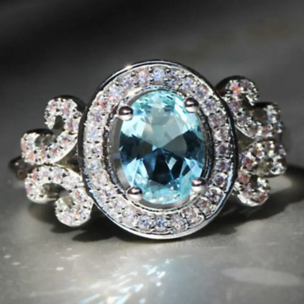 Stunning Cocktail Ring 925 Sz 8 Simulated Blue Aquamarine Diamonds Luxe Costume